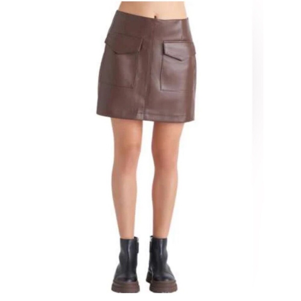 DEX Rustic Brown Faux Leather Mini Skirt 0X NWT